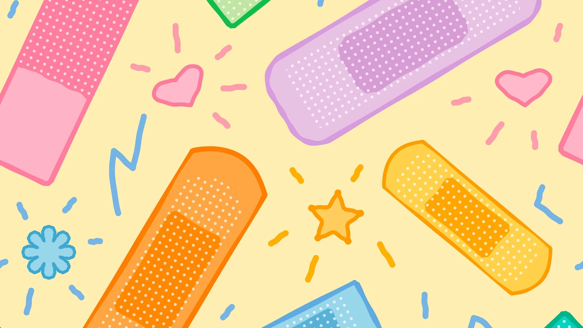 Bunte Illustration mit verschiedenen Pflastern in Rosa, Grün, Lila, Orange, Gelb und Blau auf gelbem Hintergrund. Dekorative Elemente wie Herzen, Sterne und Blumen ergänzen das fröhliche Design.