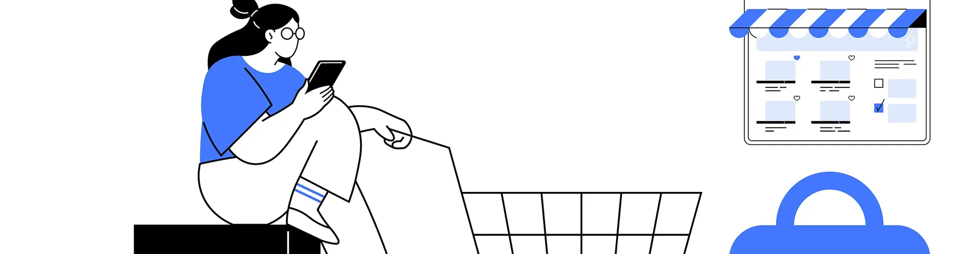 Grafik zeigt sitzende Frau mit Handy in der einen und Einkaufwagen an der anderen Hand.