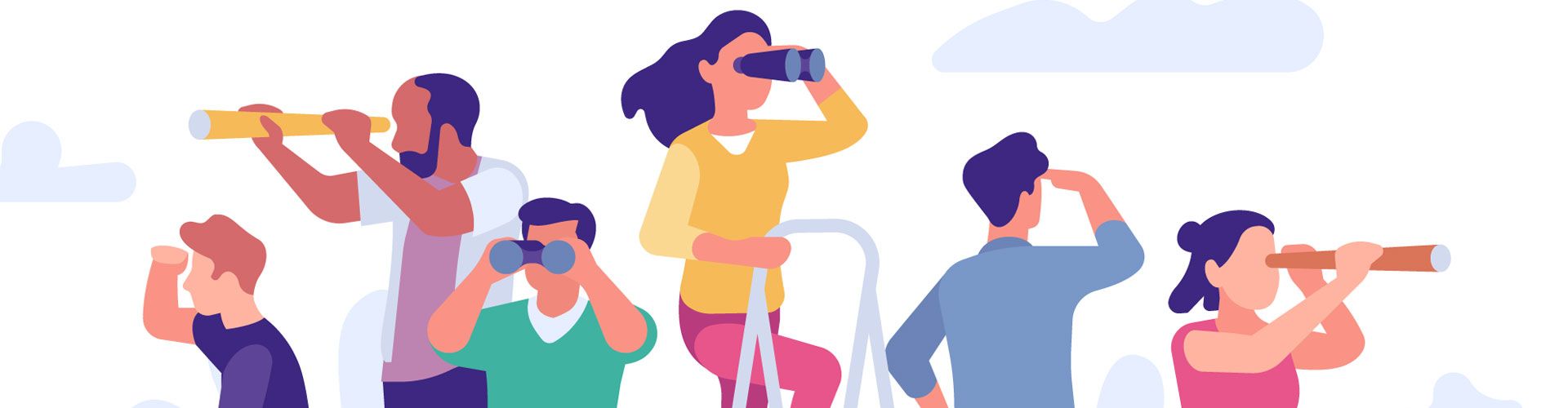 Grafik. 6 Personen mit Fernglas oder Fernrohr schauen sich suchend um.
